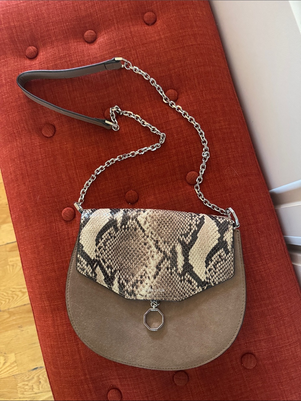 Louise et Cie Taupe Suede Crossbody with Snake-Print Flap and Silver Chain Strap